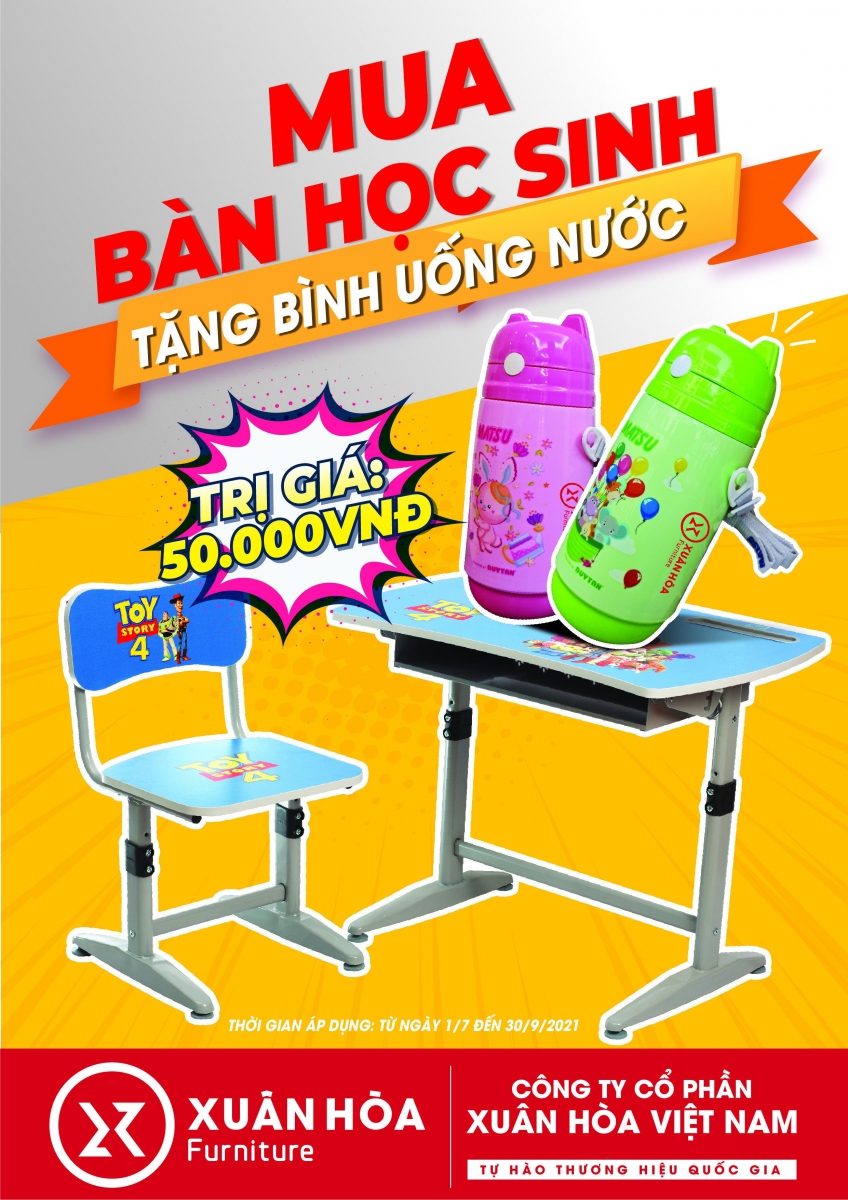 KHUYẾN MÃI HOT: MUA BÀN GHẾ HỌC SINH GIA ĐÌNH XUÂN HÒA TẶNG BÌNH NƯỚC SIÊU DỄ THƯƠNG